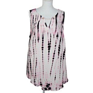 Torrid Sleeveless Flowy Blouse Top Sz 1 Pink Black Tie Dye Key Hole Gold Jewels